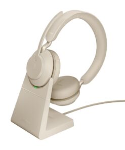 Jabra Evolve2 65 MS Stereo Office Headset With Link 380 USB-C Wireless Adapter And Charging Stand (Beige)